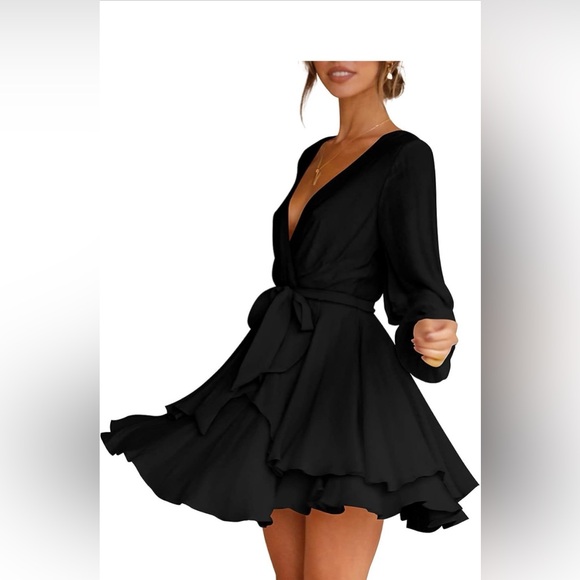 Cosonsen Women's Deep V-Neck Long Sleeve Tie Waist Ruffle Mini Swing Dress - Picture 2 of 11